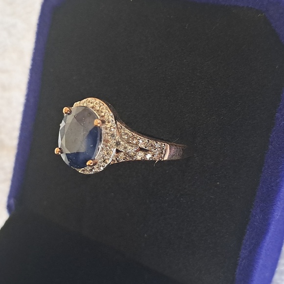 Natural Blue Sapphire & Natural White Zircon & Champagne Zircon Ring - Picture 8 of 10